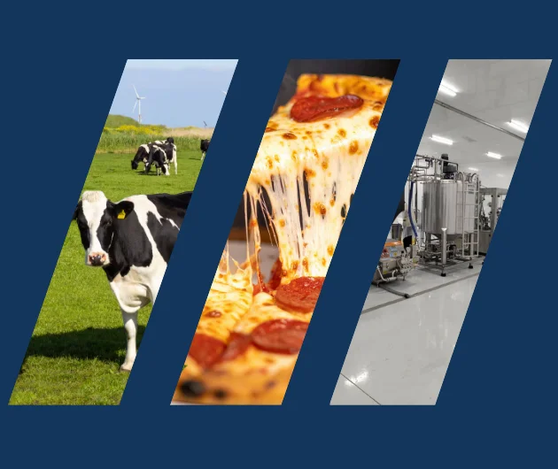 Images qui combine la nature avec des vaches le fromage d'une pizza et l'intérieur d'une usine de fromage